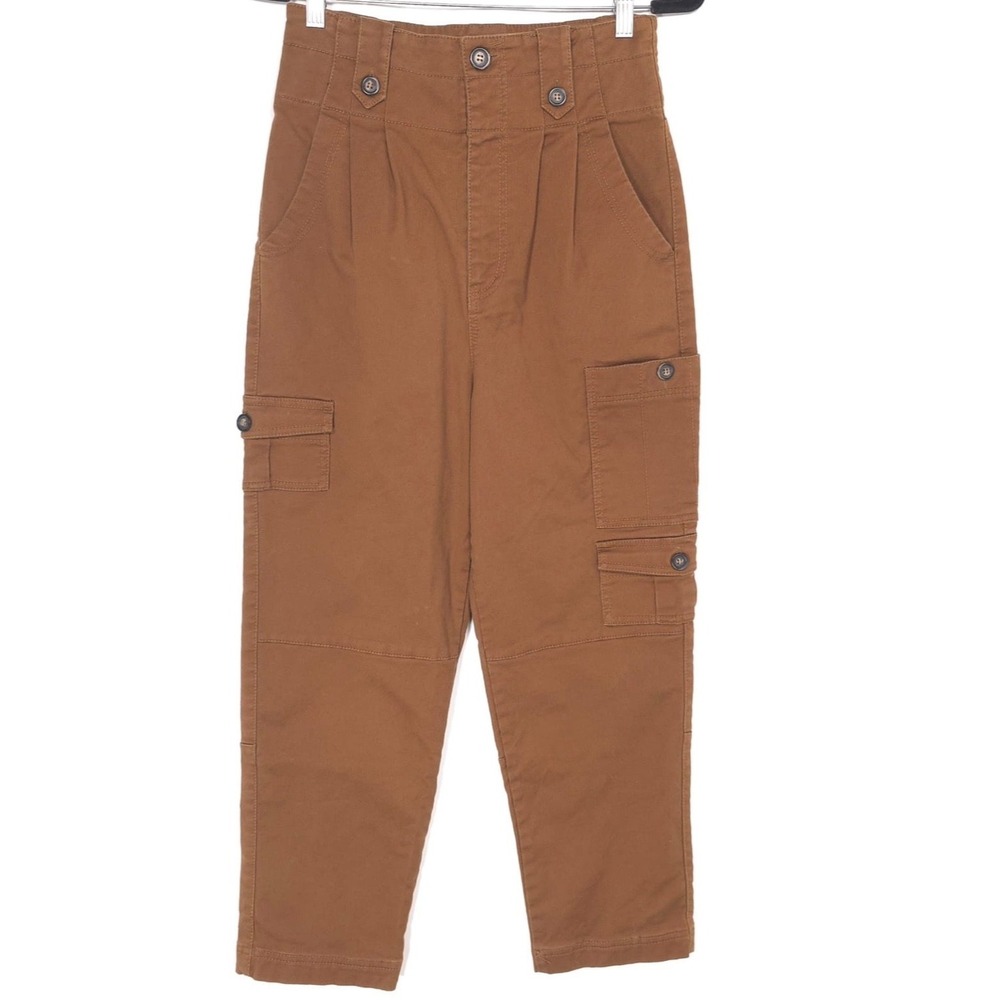 FREE PEOPLE Cargo Pants Brown High Rise Utility‎ Pockets Cropped Women Small - Picture 2 of 12